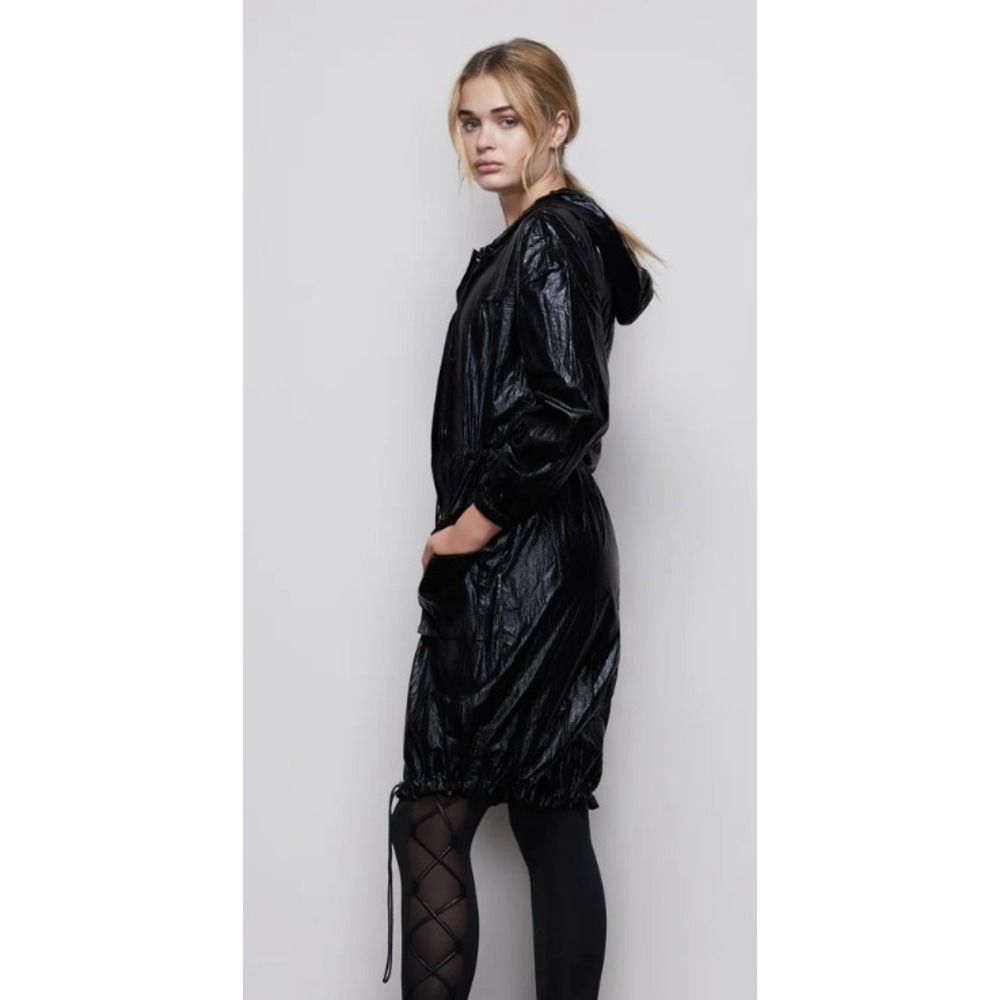 GOOD AMERICAN the metallic duster Black Metallic Hooded Jacket Drawstring SZ 1